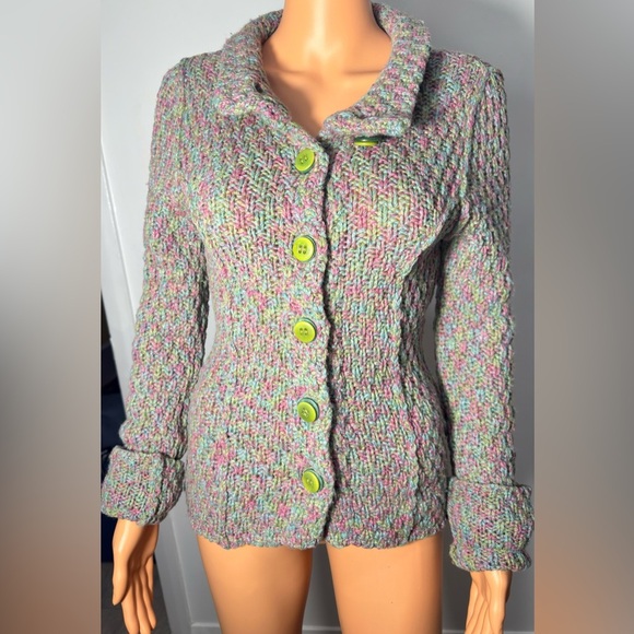 Cozy Pink and Green Button-Up Turtleneck Sweater - Picture 2 of 8